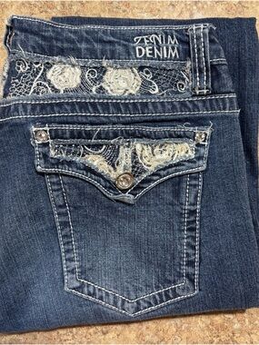 Zenim Denim Dark Blue Boot Cut Jeans with Embroidered Pockets